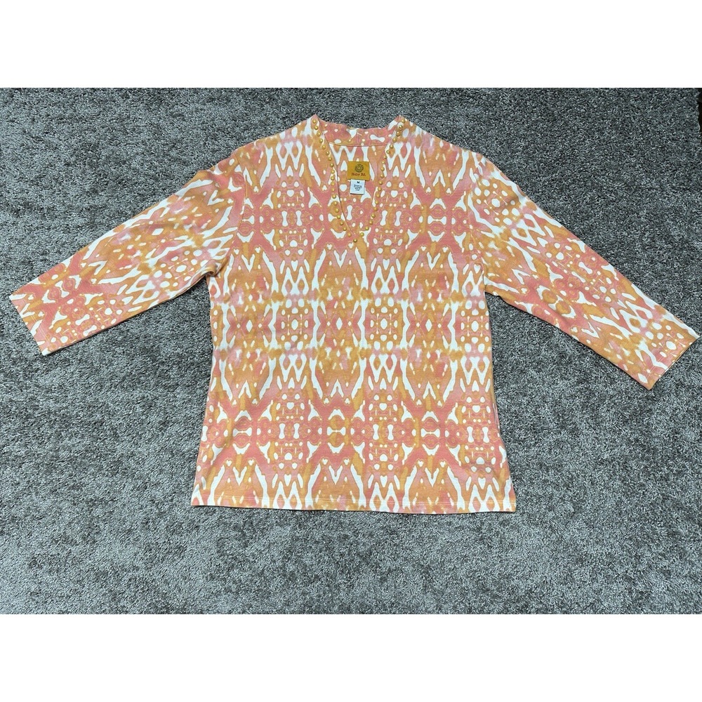 Ruby Rd Medium Pink Orange Ombré 3/4 Sleeve Stretch Blouse Top V-Neck Vacation